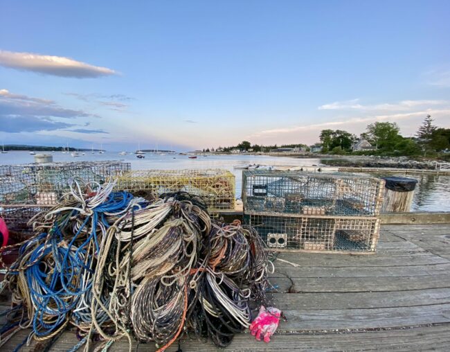 FullSizeRender Lobster pods and dock lines on a dock overlooking Southwest Harbor, Maine.