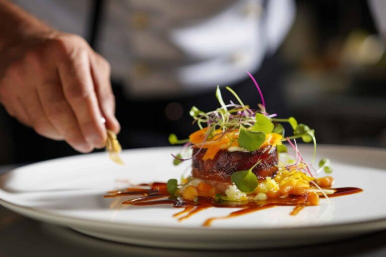 Close-up, chef and food garnishing for fine dining, restaurant cuisine and dinner. Professional worker, creative and cropped closeup image of a hand preparing a delicious healthy meal in a kitchen.
